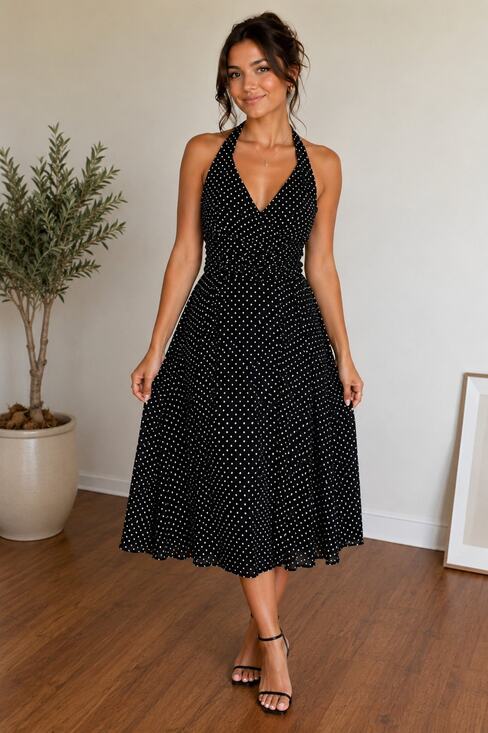 Ronni Nicole Dresses & Skirts - Womens Retro Polka Dot Stretchy Halter Neck Dress Size 14 Vintage 90s Y2K Sleek